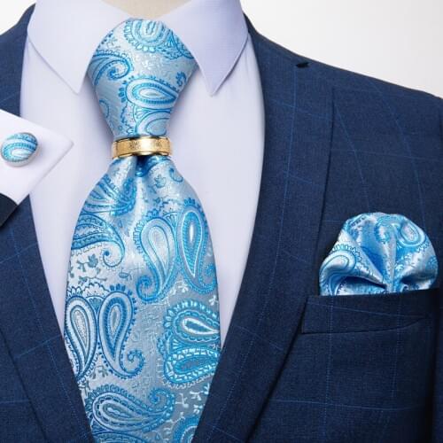 New Design Blue Paisley 8cm Necktie 100% Silk Jacquard Woven Tie Pocket Square Cufflinks Tie Ring Business Wedding Tie DiBanGu
