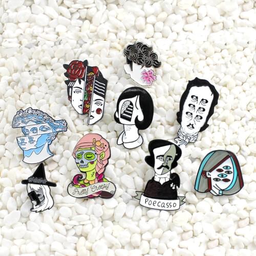 Exaggerated distorted face rose Witch Misplaced split cold face artist Six-eyed girl Brooch Creepy personality badge