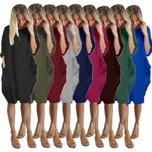 5XL Large Size Womens Casual Dress Fashion Round Neck Long Sleeve Loose Dress Solid Pocket Spring Summer New Womens Dresses