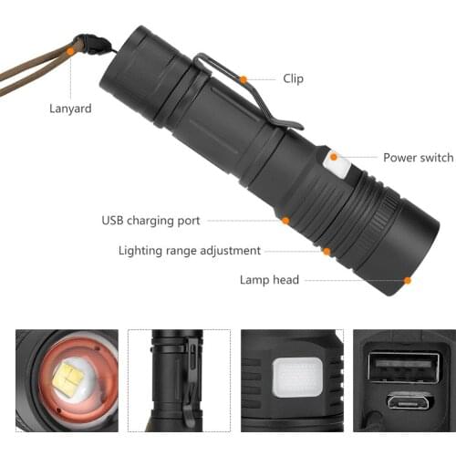 Portable Flashlight Powered by 1X26650 Battery P50 LED 5Modes Torch USB Rechargeable 2in1 Spotlight Flashlight Lanyard Lanterna