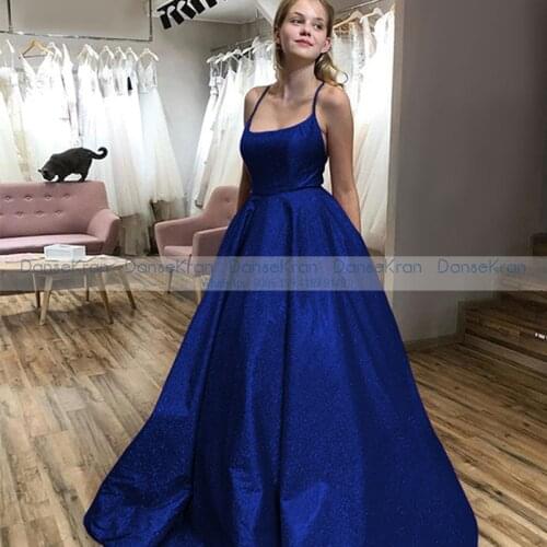Sparkly Royal Blue Prom Dresses for Party Spaghetti Strap Long Formal Evening Gowns for Women Lace Up Back Glittery Party Dress