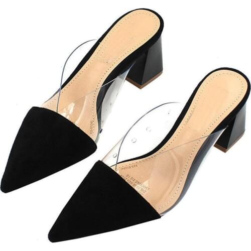 LIHUAMAO Transparent square heel mules shoes pointed toe slip on slipper pumps block heels comfortable casual