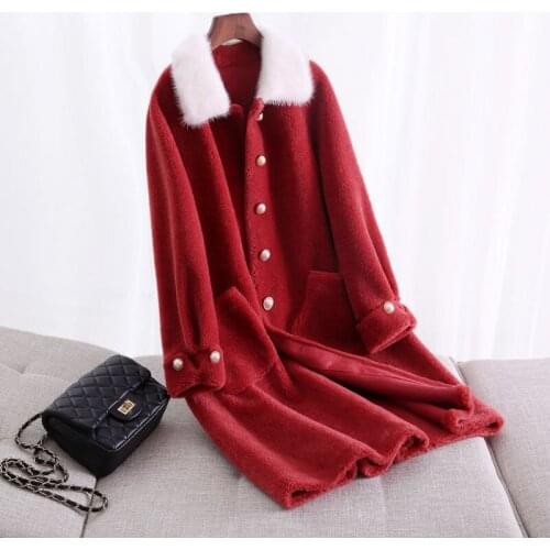 Winter Jacket Women Sheep Shearling Real Fur Coat Female Mink Fur Collar 100% Wool Coats Suede Leather Jackets MY4384