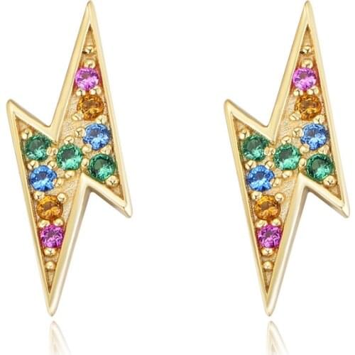 2019 New Arrival rainbow tiny cz zircon 925 sterling silver lightning earrings for women geometric joker Brinco fine jewelry