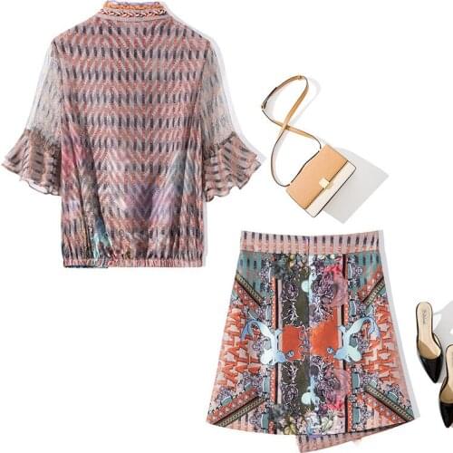 Fashion Summer Twinsets Runway 2021 High Quality Flare Sleeve Lace Blouse+Bow Mini Irregular Skirts Flower Print Sets