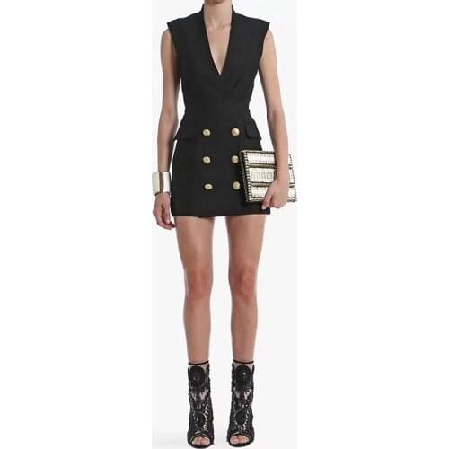 New HIGH QUALITY Fashion 2021 Runway Designer Dress Womens Sleeveless V-neck Double Breasted Career Dress