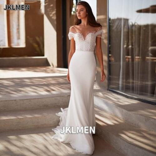 Illusion Scoop Neckline Zipper Back Mermaid Wedding Dresses Beads Pleat Short Sleeves Chiffon Bridal Gowns Vestidos De Novia