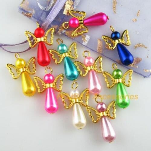 20 New Angel Charms Gold Color Mixed Acrylic Teardrop Pendants 18x28mm