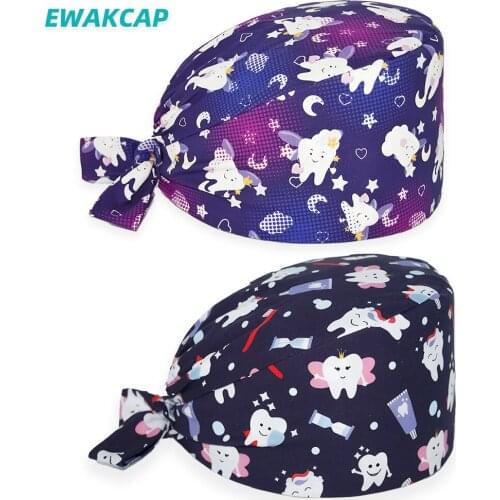 2021 Unisex Scrubs Caps High Quality Cartoon Adjustable Nursing Hats Cotton Dentist Tooth Printed Surgicals Hat Nurse Scrub Cap