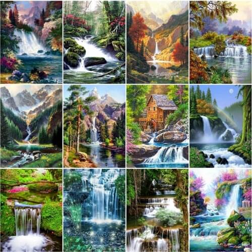 AZQSD DIY Frame Picture By Number Waterfall Acrylic Modern Wall Art Oil Painting By Numbers Scenery Kits Handpainted Room Decor