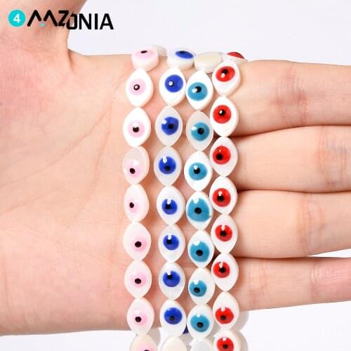 10mm White Natural Mother of Pearl Shell Oval Color Evil eye Beads Bracelet Handmade Beaded 4 Color Approx 40pcs Per Strand
