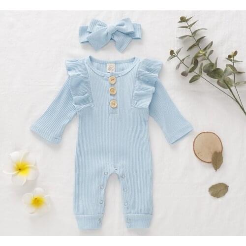 Two-piece Set Kids Infant Round Collar Children Long Sleeve Solid Color Girls Jumpsuit Climb Soft Romper+Hairband