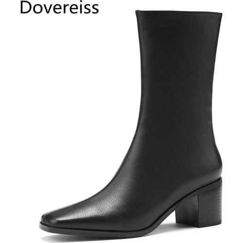 Dovereiss Fashion Womens Shoes Winter new Square toe white Elegant Genuine leather Ankle boots Zipper Concise Mature 34-40