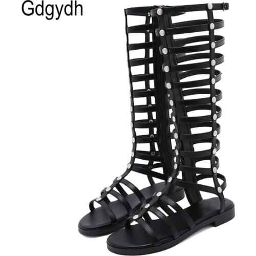 Gdgydh Summer Gladiator Sandals Women Knee High Quality Leather Women Sandals Strappy Open Toe Hollow Out Roman Style Black
