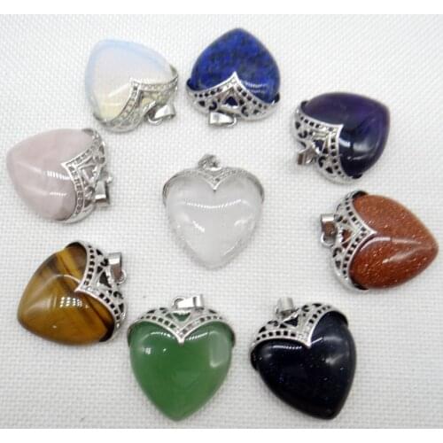 Good Quality Romantic Silver Plated Natural Stone Quartz Crystal tiger eye Mix Heart Shape Pendants Jewelry Making necklace 4pcs