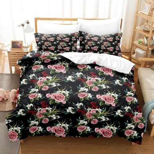 Black Pink Flower 3d Bedding Set Floral Duvet Cover Sets Comforter Bed Linen Twin Queen King Single Size Room Decor Kids Fashion