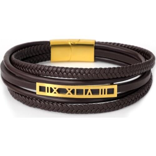 New Fashion Roman Numeral Multi layer Leather Bracelet Magnet Clasp Bangle Stainless Steel Hip Hop Rock Wrap Bracelet Jewelry
