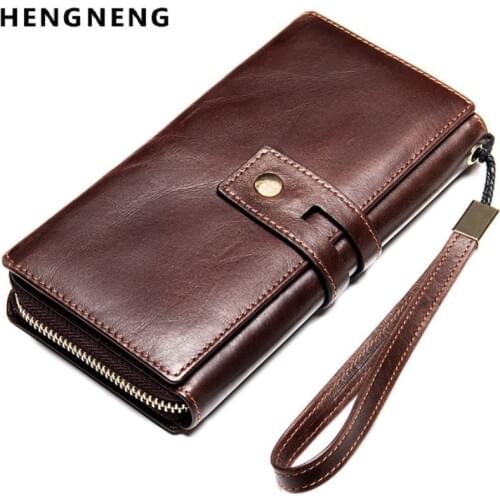 High Quality Genuine Leather Mens Long Wallet With Phone Bag Zipper Coin Pocket Three Fold Purse Male Clutch Wallets For Men