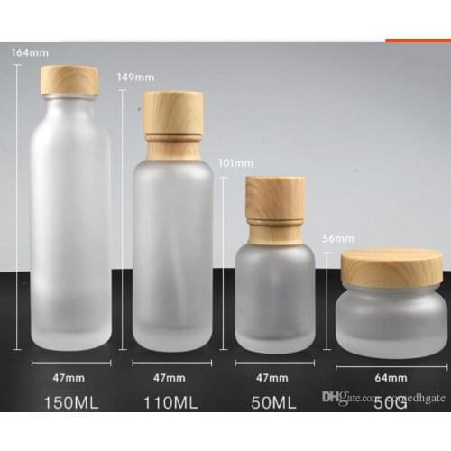 New product frosted glass 150ml 50ml serum/lotion/emulsion bottle 50g jar with imitate wood grain lids