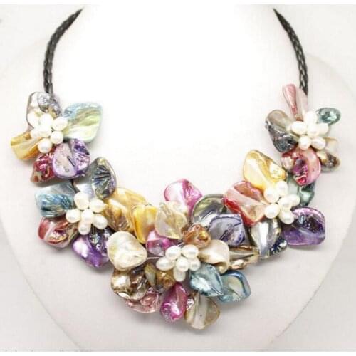 Jewelry Stunning Multicolor Freshwater Pearl Sea Shell Flower Leather Necklace 18"
