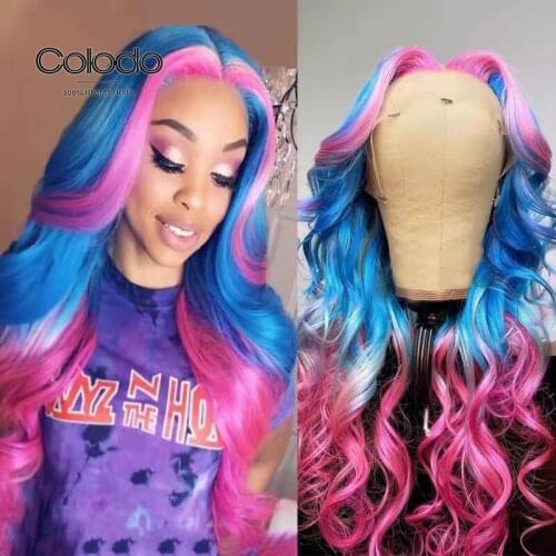 Ombre Pink Blue Colored Human Hair Wigs Brazilian Remy Transparent Lace Wigs For Women Pre Plucked Body Wave Wig Highlight Wigs