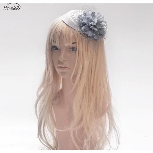 Grey Pillbox Hat Women Flower Bead Birdcage Veil Hair Clip Party Derby Hat Accessory