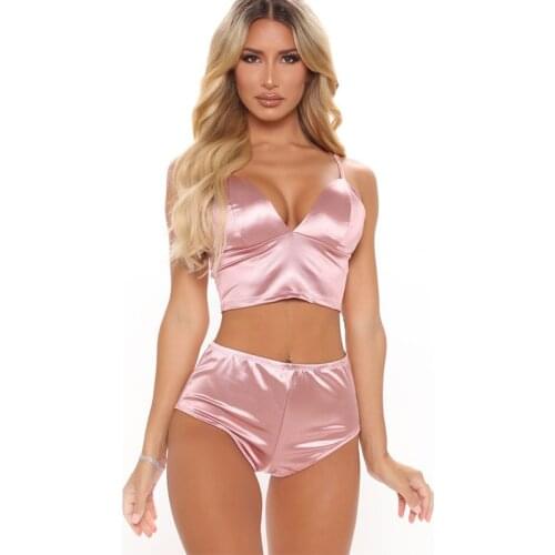 Sexy Satin Nightgown Lingerie Set Women Underwear Pink Deep V Bra Push Up Breast Enhance Pajamas Seamless Hot Erotic Crop Top