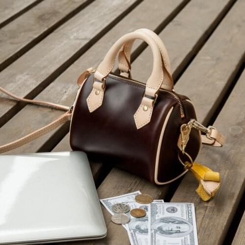 Genuine Women Leather Handmade Handbag Leisure Small Pillow Boston Cylinder Tote Bag Fashion Brand Female Single Crossbody Bags