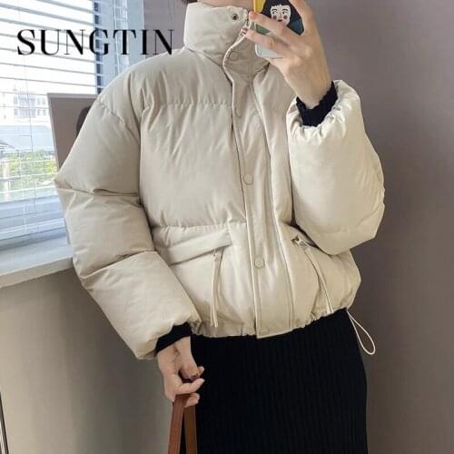 Sungtin 2021 Winter Thicken Warm Parka Jackets Women Stand Collar Fashion Padded Oversized Jacket Vintage Drawstring Loose Coats