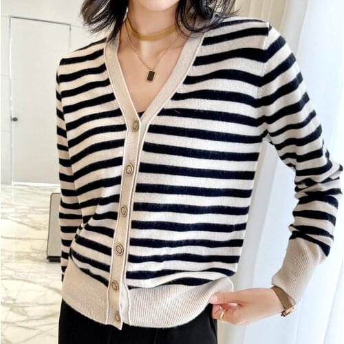 SZDYQH Striped Knit Cardigan Sweater Loose Fashion Women Jacket Spring Autumn 100% Wool Long Sleeve V-neck Female Cardigans