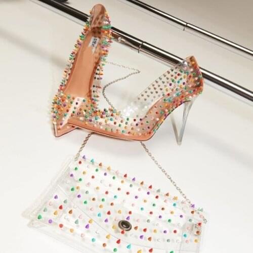 Amazing Studded Sides Clear Pumps Pointed Closed Toe killer Stiletto Heel Shoes Shallow Slip On Dress Women High Heels Shoes