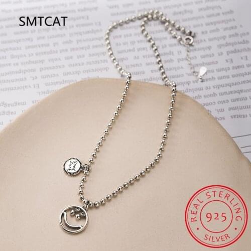 Vintage 925 Sterling Silver Hollow Smiling Face Pendant Necklace Thai Silver Round Luck Charm Necklace Jewelry Accessories
