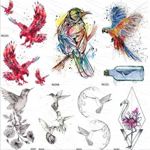 OMMGO Birds Flame Eagle Temporary Tattoo Sticker 3D Colorful Parrot Custom Tattoos Kids Body Art Arm Fake Hummingbird Tatoos