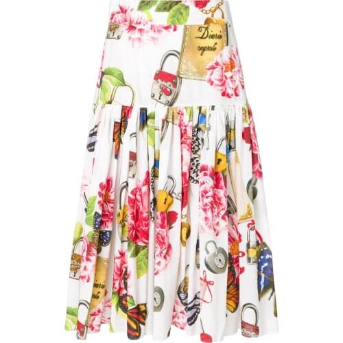 Customize Made Women Causal Celebrity Runway Skirt Ladies Plus Size Flower Butterfly Lock Print Knee Length Cotton Skirts