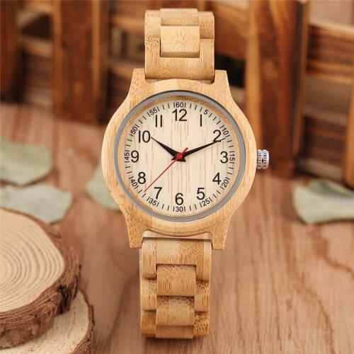 Natural Wood Ladies Fashion Bracelet Watch Arabic Number Dial Watches Quartz Analog Bamboo Clock Full Wood Band for Women reloj