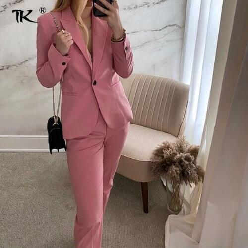Women Pink Single Button Blazer Suit Long Sleeve Pockets Blazer Loose Pants Office Lady 2 Piece Elegant Casual Suits Autumn 2021