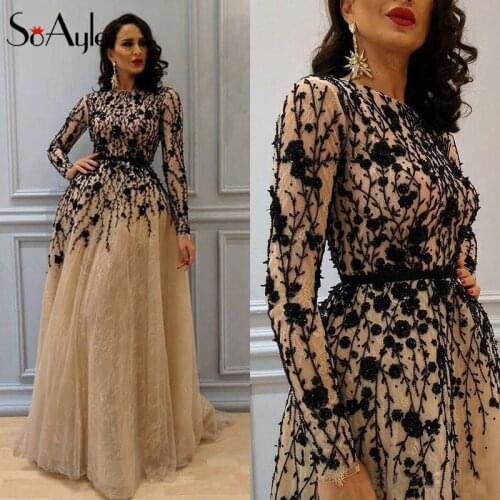 SoAyle A-Line Prom Dresses Graceful vestidos de gala Long Sleeves Lace Applique Black Flower Evening Dresses Arabia Fashion