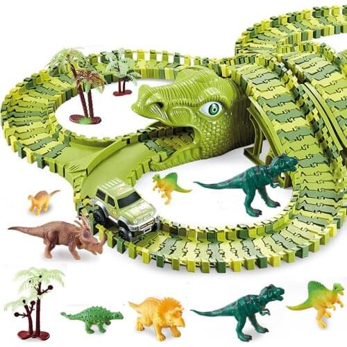 128-291pcs Dinosaur Racing Tracks Rail Car Toys DIY Bend Flexible Race Track Flash Light Cars Railway Toys for Children Gift