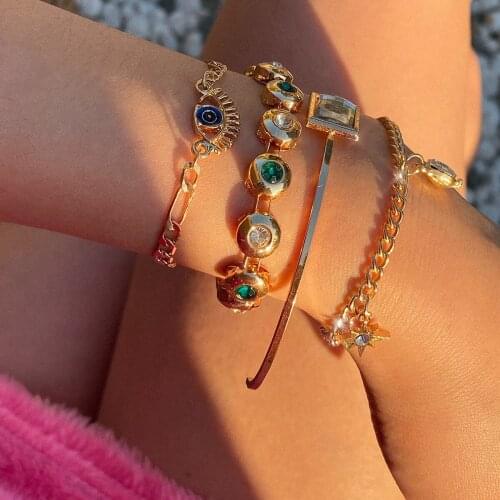 4PCS/SET New Trendy Gold Evil Eye Bracelet Pave CZ Blue Eye Gold Chain Bracelet Bangles Set Women Female Party Bracelet Jewelry