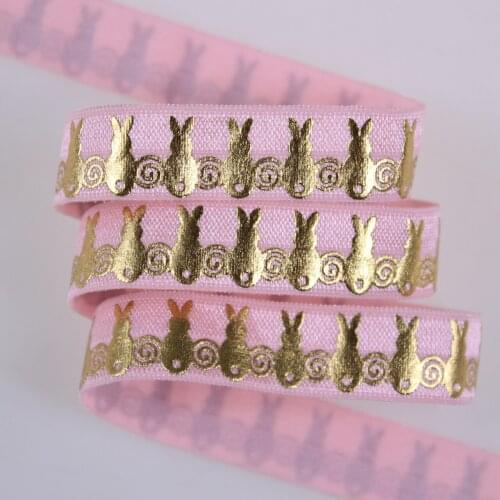 5/8" 15mm gold foil bunny printed fold over elastic #123 Pearl Pink for hair tie,50yards/lot