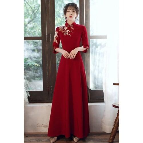 Bride Wedding Party Toast Chinese Dresses Lady Vintage Stand Collar Satin Dress Formal Prom Gown Appliques Evening Banquet Skirt