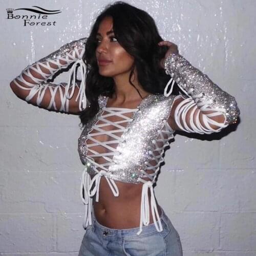 Bonnie Forest Sparkle Rhinestone Criss Cross Bandage Crop Top Sexy Lace Up Hollow Out Glitter Crystal Diamonds T Shirt Rave Wear