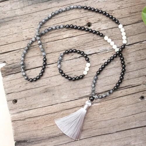 8mm Natural Stone Beads, Black Onyx, White Moonstone, JapaMala Sets, Spiritual Jewelry, Meditation,Inspirational, 108 Mala Beads