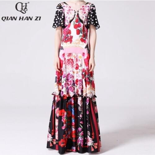 Qian Han Zi newest Designer fashion Runway Maxi dress Womens Short Sleeve V-neck Amazing Print Vintage Indie Folk long Dress