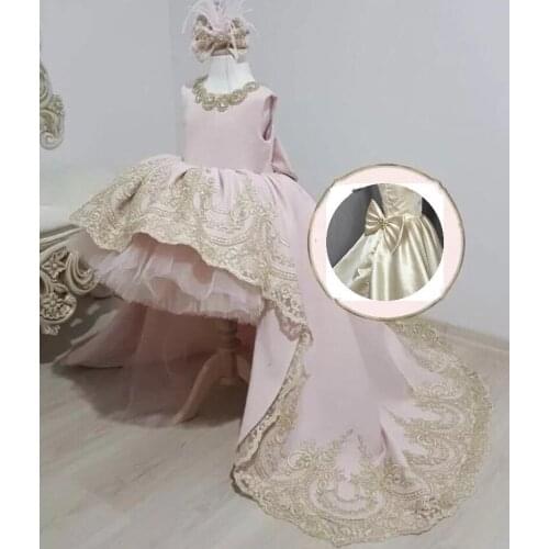 Pink Formal Hi-Lo Flower Girl Dress Girl With Gold Applique Lace Princess Brithday with Head Accessory Kids Ball Gown