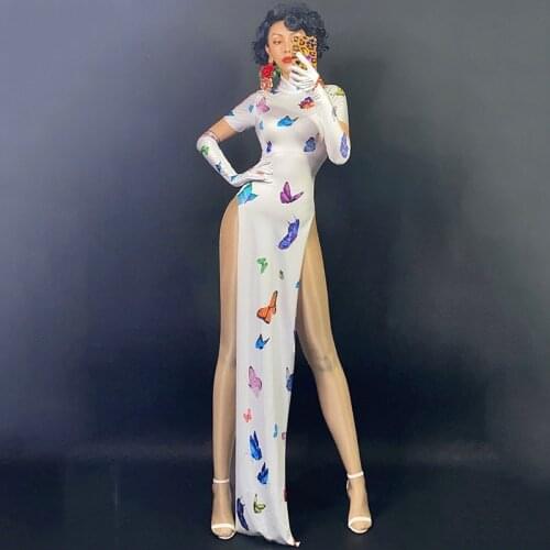 Singer Dancer Vintage Cheongsam Costume Butterfly Pattern Elastic Slit Long Dress Sexy Stage Wear Birthday Party Outfit DNV13305