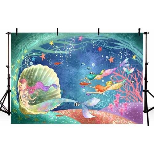 Under the sea background backdrop for photography white shell colorful fishes with mermaid princess backdrop for photo studios
