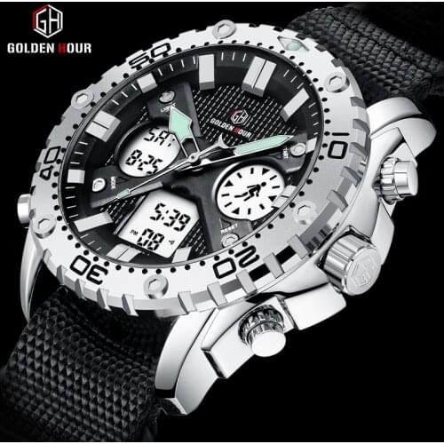 GOLDENHOUR Mens Watches Top Brand Luxury Men Analog Digital Dual Display Watch Male Multifunction Military Sports Wristwatch