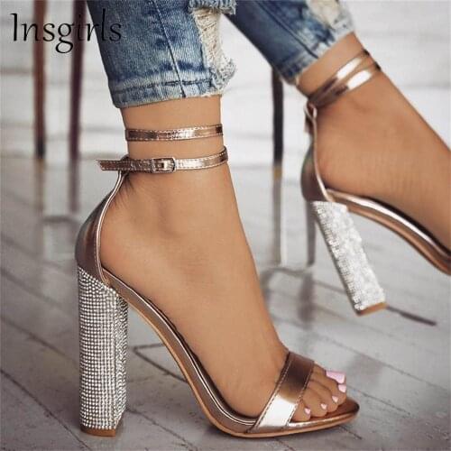 Insgirls Large-Size Rhinestone Sandals Women Sexy Open Toe Buckle Strap Ladies High Heel Party Dress Shoes 34-43 Female Pumps