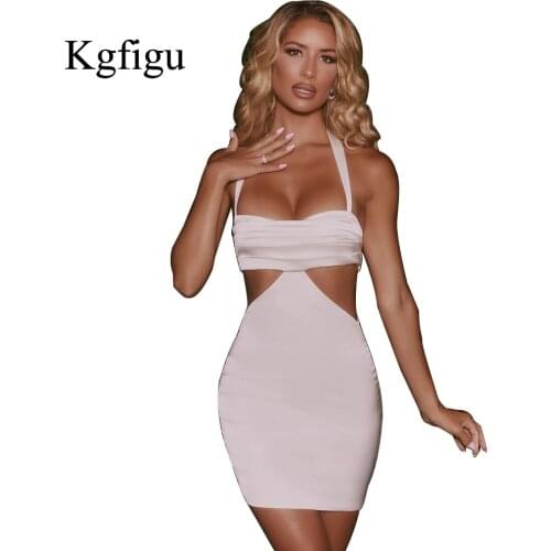 KGFIGU Dresses For Women 2021 Summer Ladies Halter Solid Color Sexy Bodycon Dress Elegant And Fashionable Party Outfits